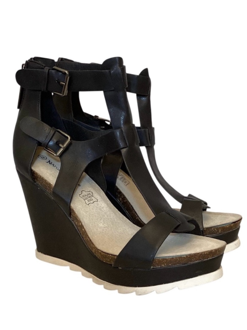 Nature Breeze 8.5 Gladiator Black Wedge Leather Sandals Women’s Cork Shoes